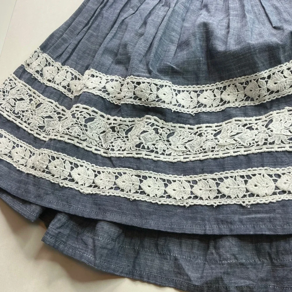 Kaisely Blue Chambray Lace Trim Open Back Dress Kids Size 10 Cottagecore Boho